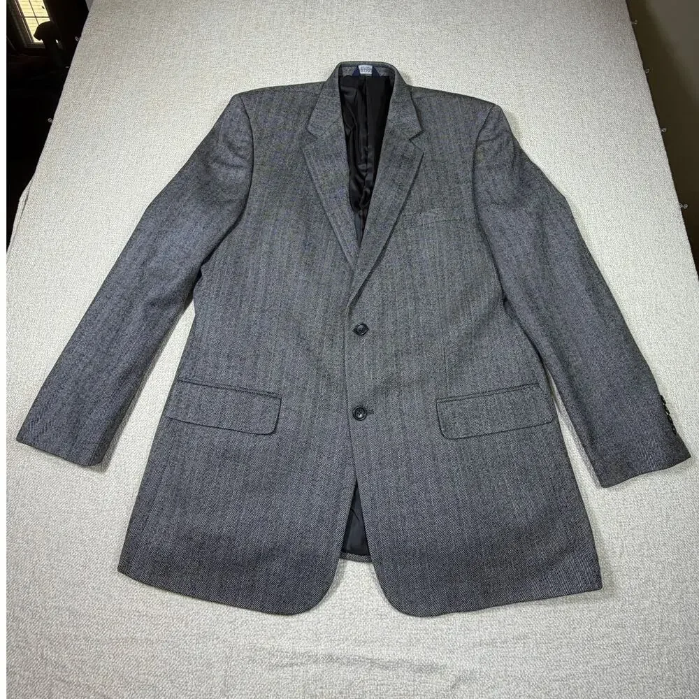 Botany 500 Mens 44L Gray 100% Lambswool 2 Button Herringbone Blazer Jacket Sport